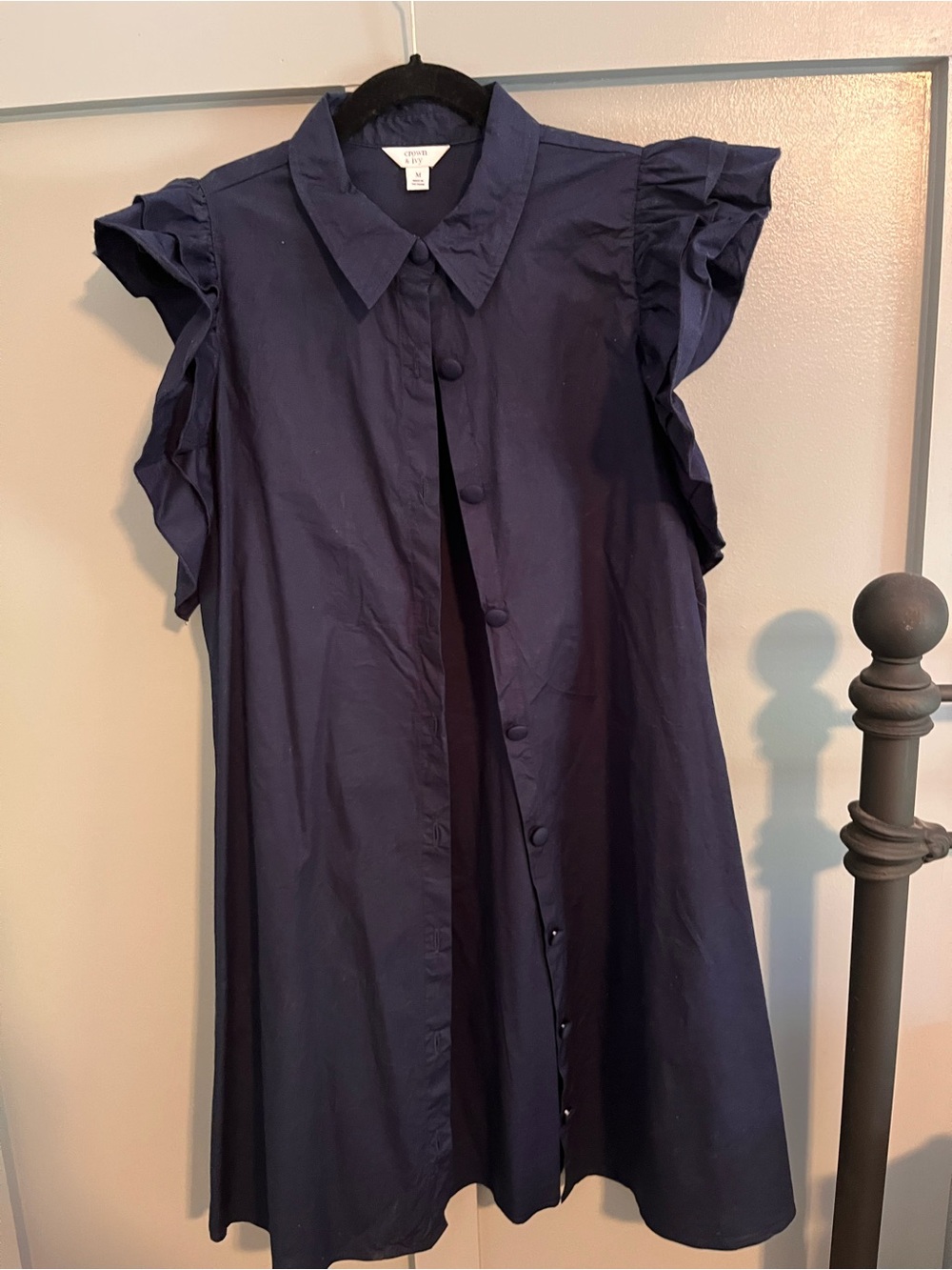 crown & ivy Navy Button-Front Ruffle Sleeve Dress